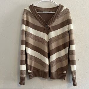 Women’s Large Liz Claiborne Neutral Brown White Striped Knit Cotton Sweater